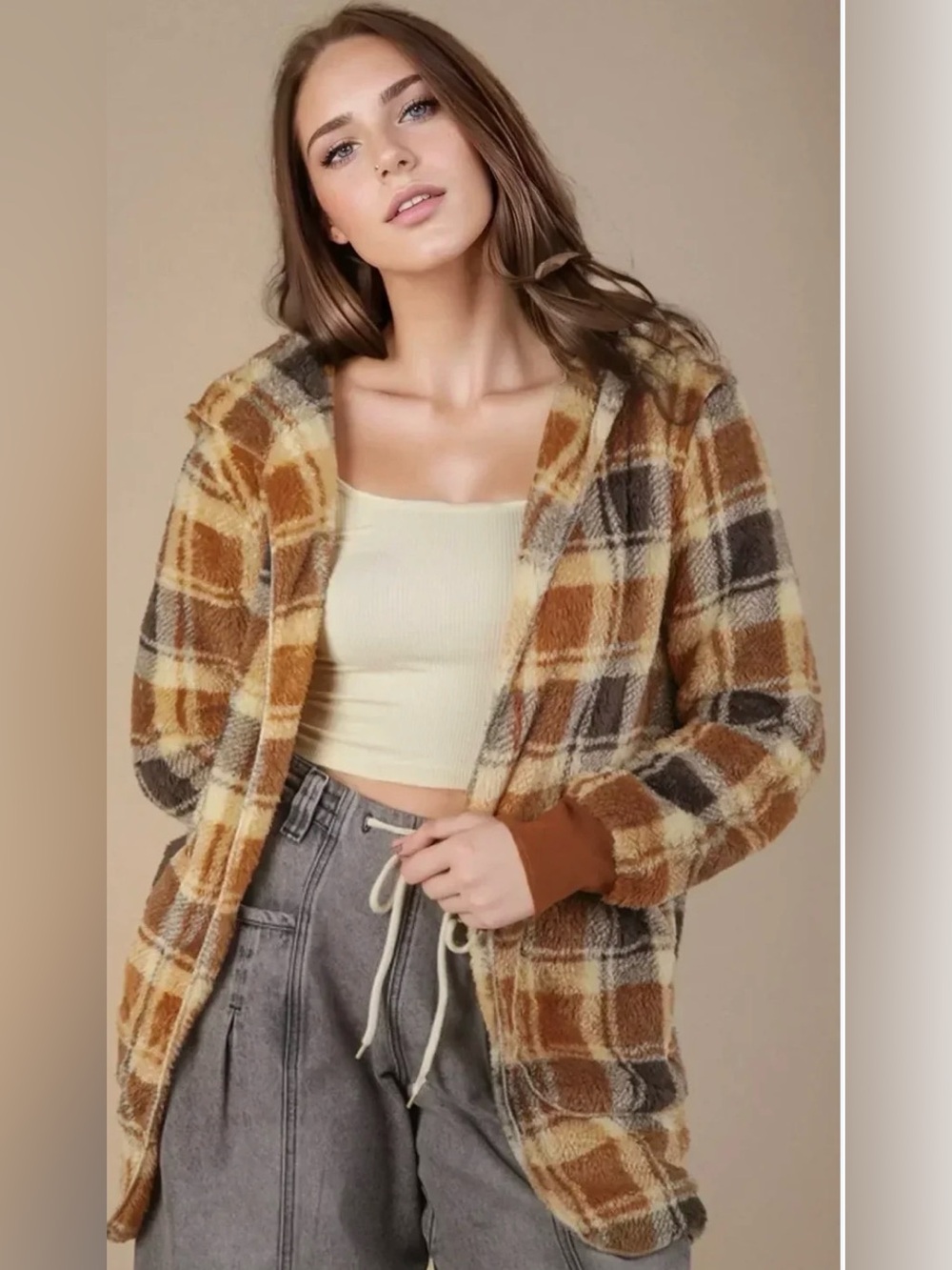Very J/New In Plaid Sherpa Hooded Coatigan Camel NWT S M L